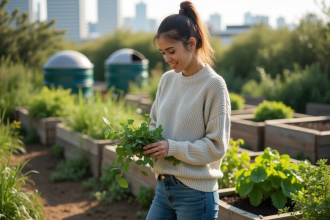 Jeune femme dans un jardin communautaire écologique