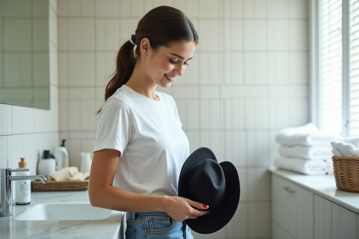 Jeune femme lavant un chapeau en feutre dans la salle de bain