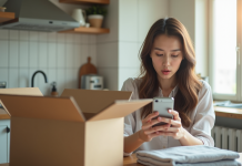 Jeune femme surprise avec smartphone dans une cuisine lumineuse
