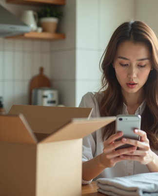 Jeune femme surprise avec smartphone dans une cuisine lumineuse