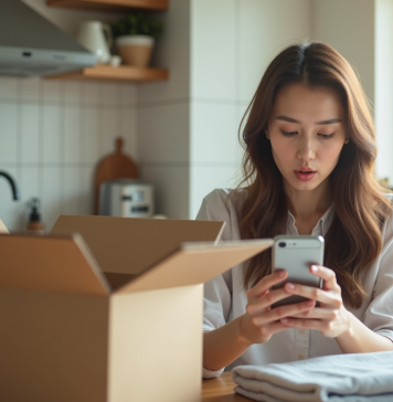 Jeune femme surprise avec smartphone dans une cuisine lumineuse
