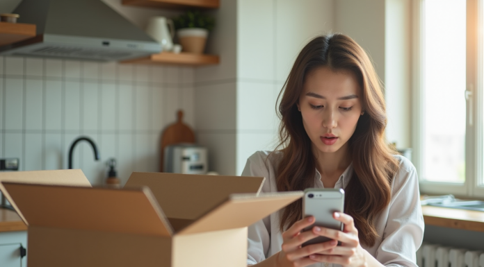 Jeune femme surprise avec smartphone dans une cuisine lumineuse