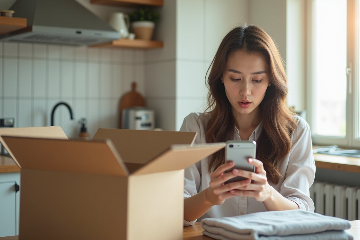 Jeune femme surprise avec smartphone dans une cuisine lumineuse