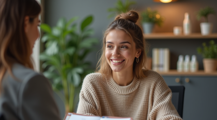 Jeune femme en streetwear dans un bureau moderne