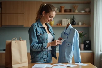 Jeune femme vérifiant l'étiquette de sécurité d'un t-shirt