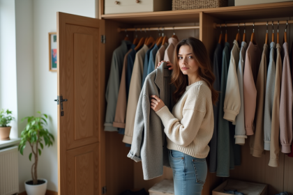 Jeune femme devant un vestiaire de vêtements vintage dans un appartement