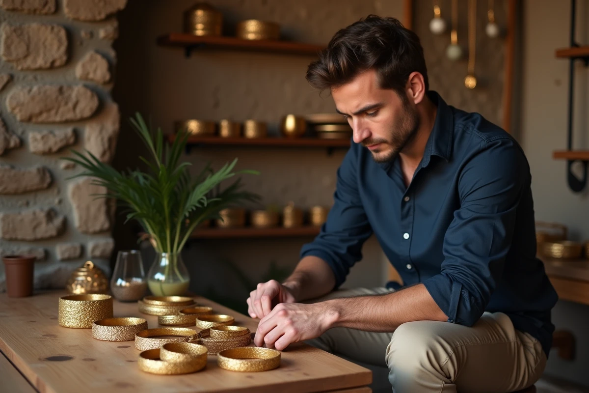 Jeune homme examinant des bracelets en or dans une boutique artisanale