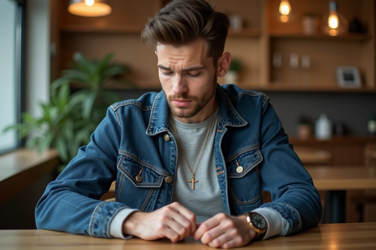 Jeune homme avec collier croix dans un caf&eacute; cosy