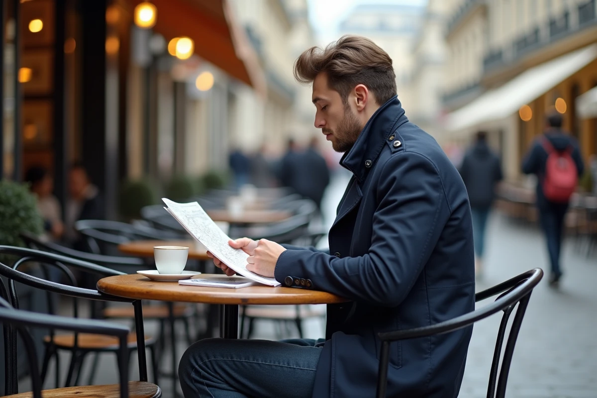 Jeune homme au café terrasse rue Montaigne Paris