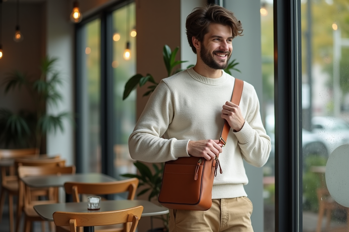 Jeune homme assis au cafe ajustant son sac à l