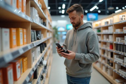 Jeune homme compare deux enceintes compactes en magasin