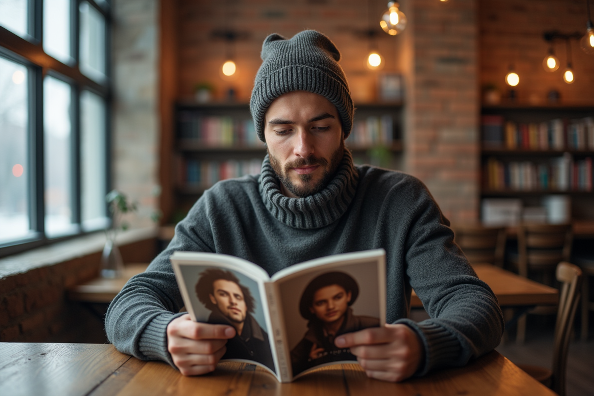 Jeune homme portant bonnet et pull dans un café chaleureux