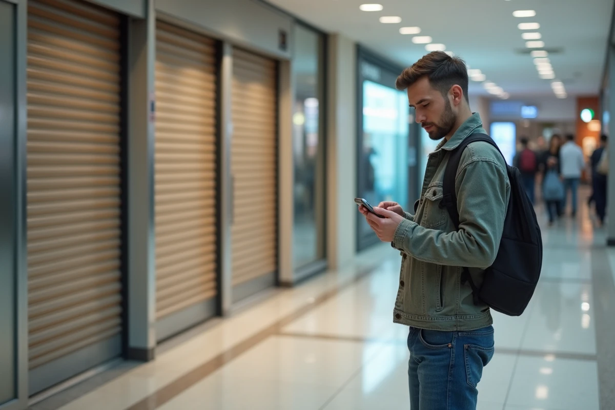 Jeune homme dans un centre commercial vide regarde son smartphone
