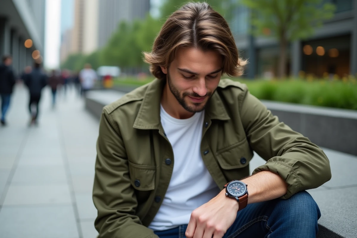 Jeune homme admirant sa montre personnalisée au poignet dans un cadre urbain contemporain