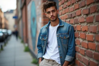 Jeune homme à la mode avec coupe mullet contre un mur urbain