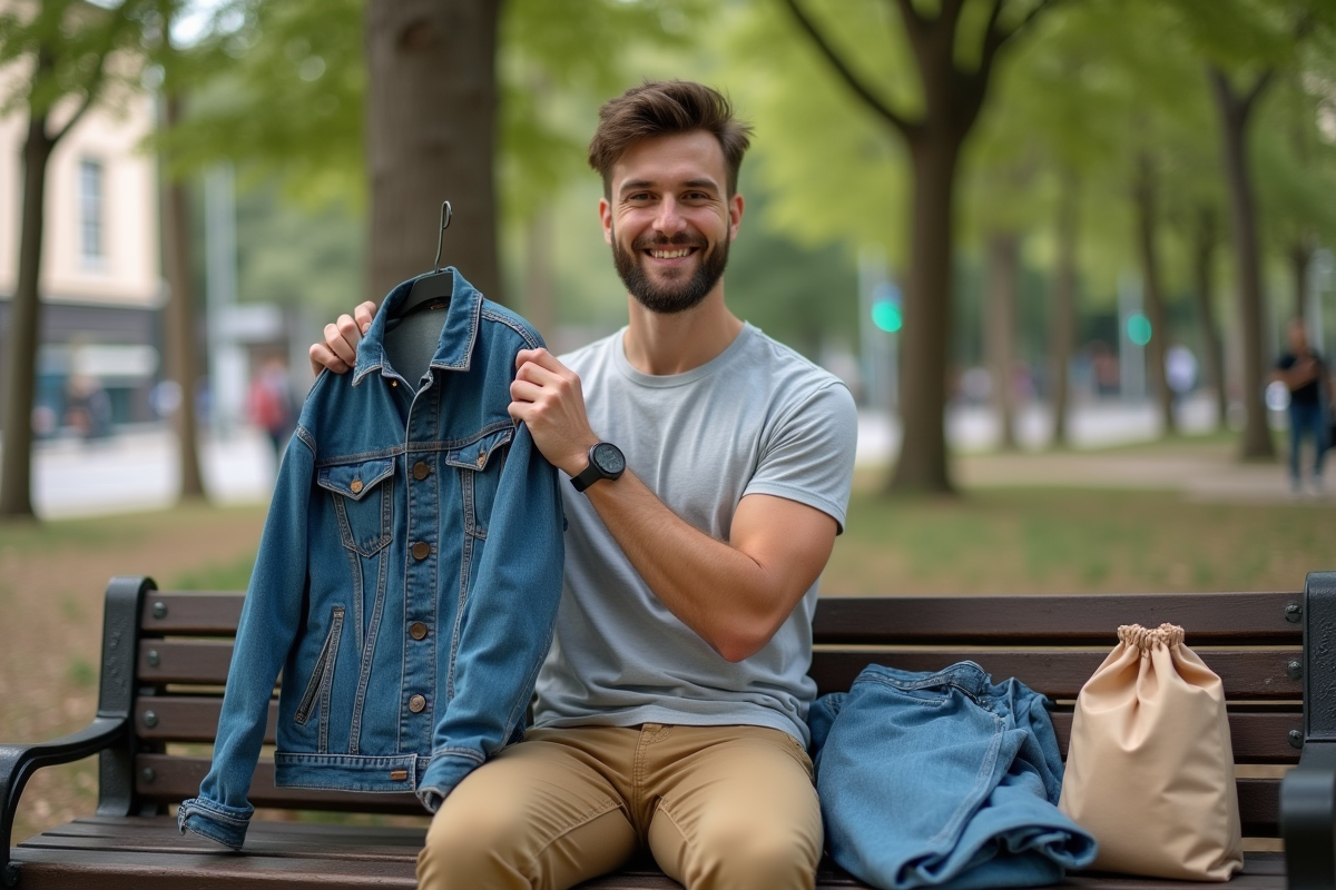 Jeune homme dans un parc urbain avec vêtements déployés