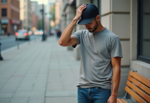 Jeune homme ajustant un snapback en ville