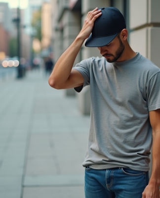 Jeune homme ajustant un snapback en ville
