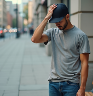 Jeune homme ajustant un snapback en ville