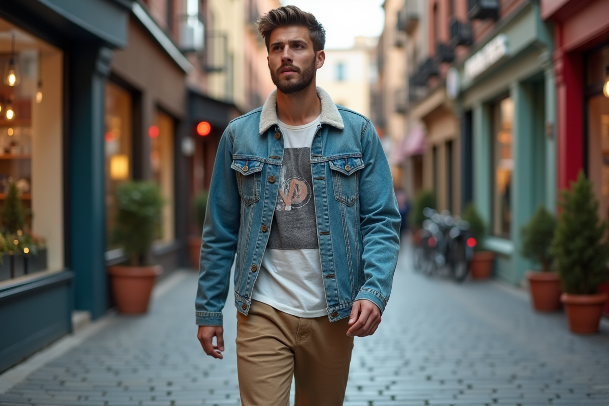 Jeune homme en denim vintage dans une rue urbaine
