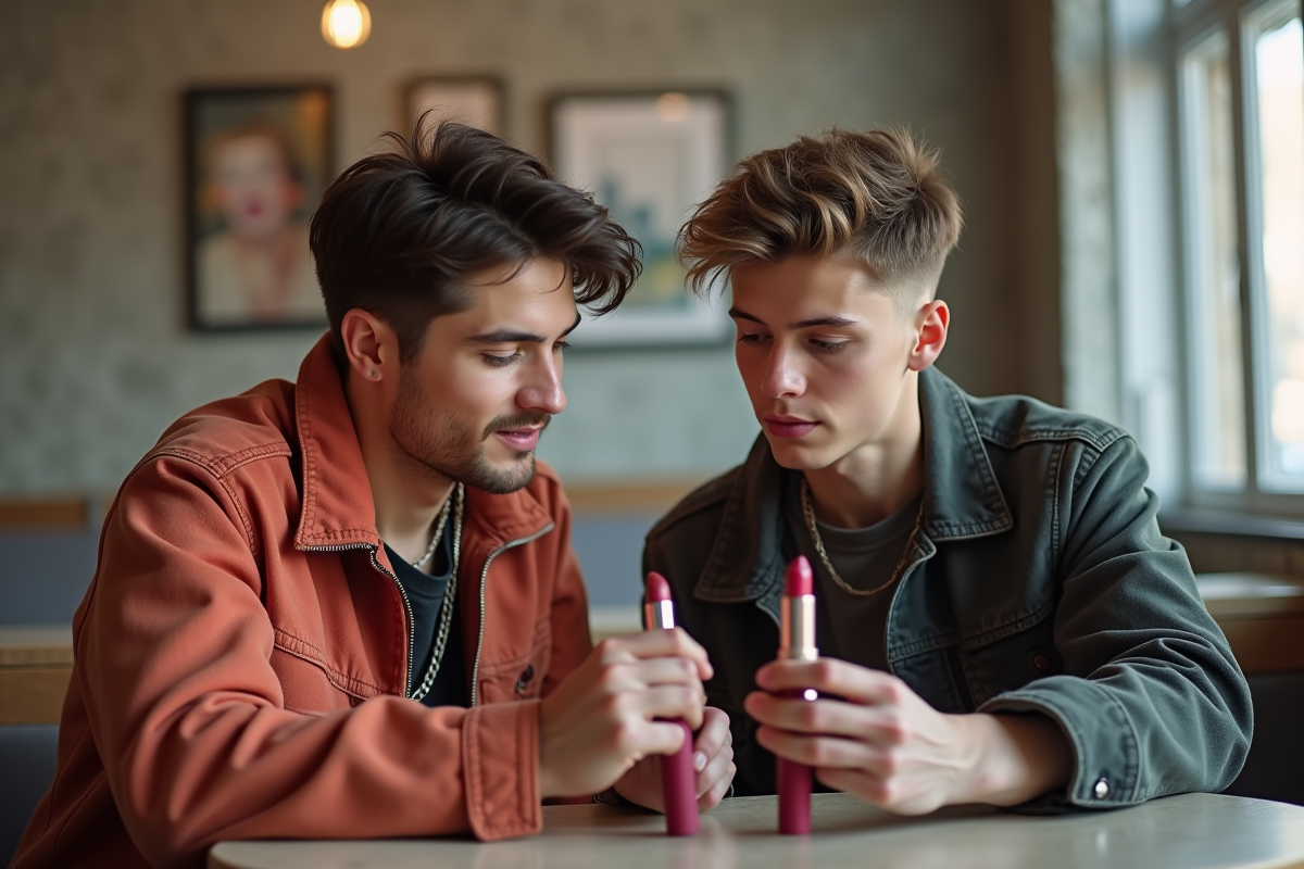 Jeunes acteurs découvrant différentes teintes de rouge à lèvres