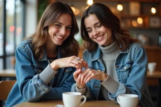 Deux jeunes femmes découvrant des bagues magnétiques au café