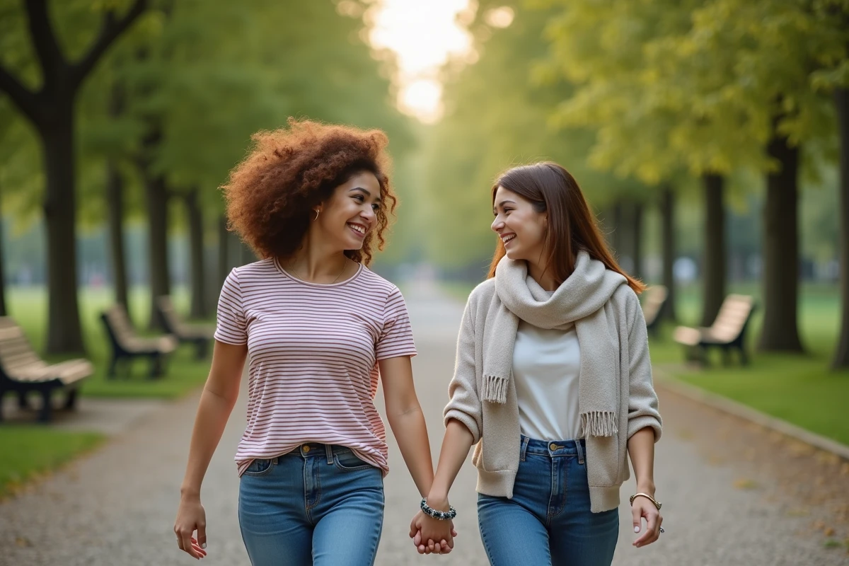 Deux jeunes femmes marchant dans un parc avec bagues en forme de cœur