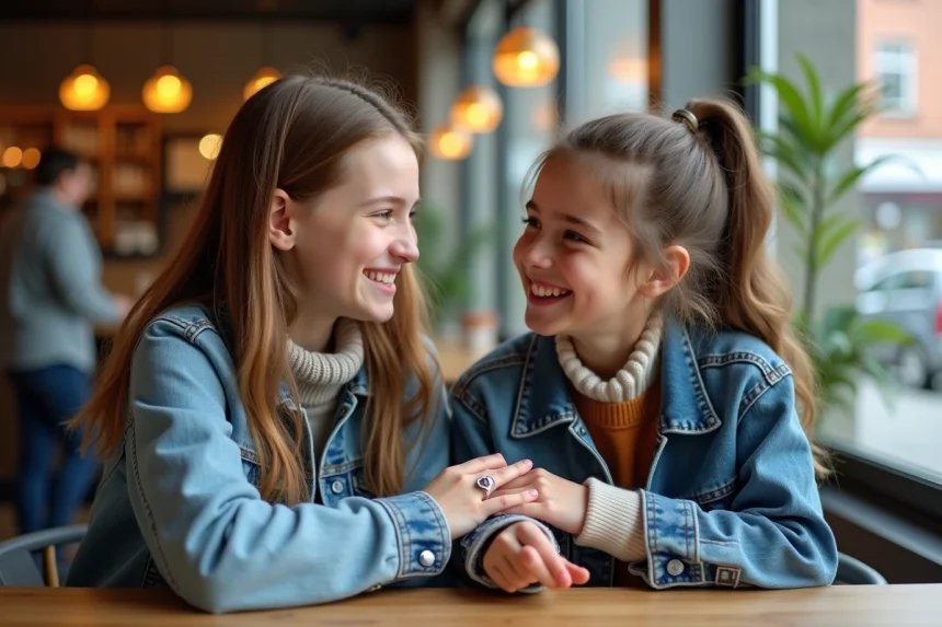 Deux adolescentes souriantes avec bagues en forme de cœur lors d'un café
