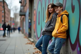 Adolescents décontractés contre un mur graffité en ville