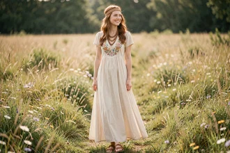 Jeune femme en robe maxi bohème brodée avec accessoires hippies dans un champ de fleurs sauvages