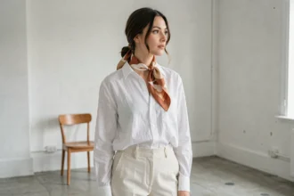 Femme portant un look minimaliste blanc avec un foulard en soie terracotta noué à la nuque comme seul accessoire fort