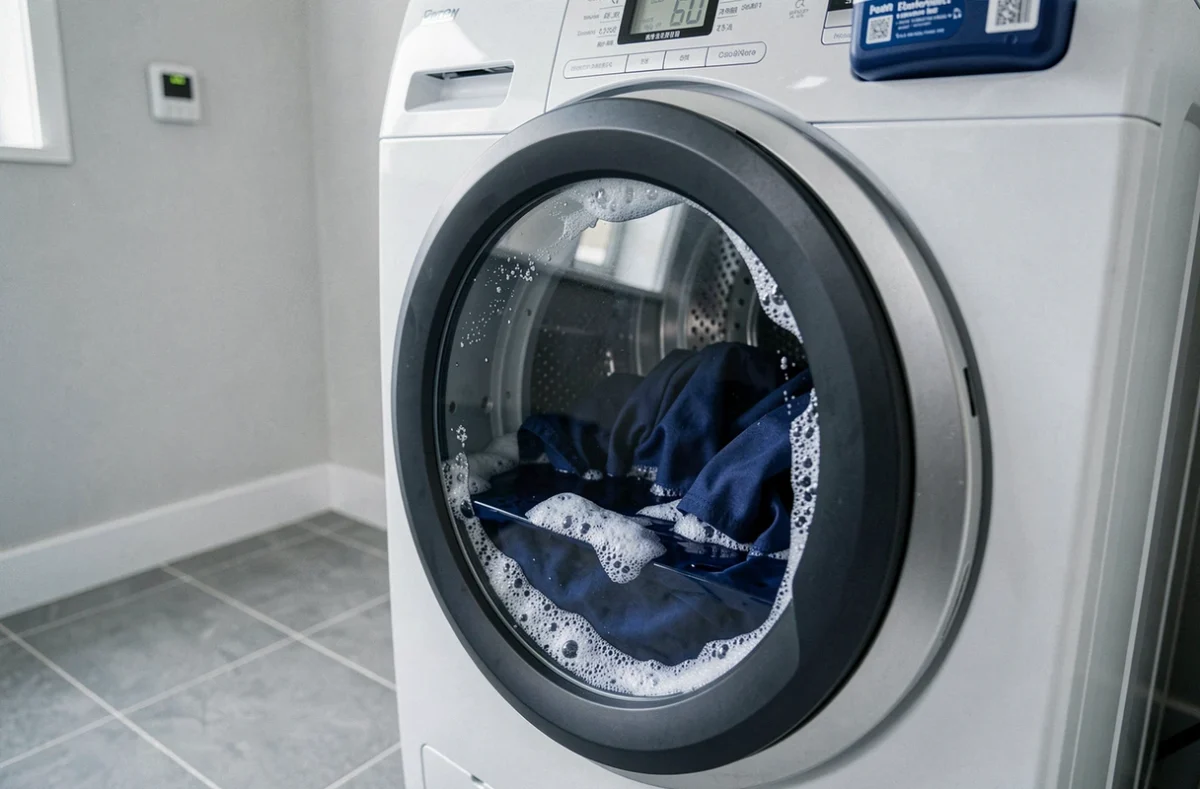 Machine à laver en fonctionnement avec du tissu polyester en teinture et eau colorée visible à travers le hublot