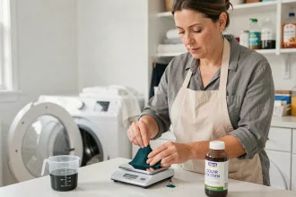 Femme mesurant de la teinture en poudre pour polyester sur une balance numérique dans une buanderie domestique
