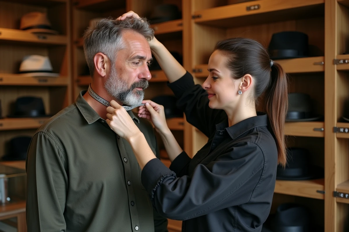 Vendeur de chapellerie mesurant le tour de tête d'un client masculin dans une boutique de chapeaux artisanale