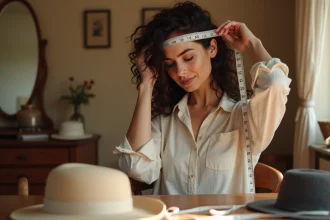 Femme mesurant son tour de tête avec un mètre ruban souple devant un miroir vintage dans une chambre cosy