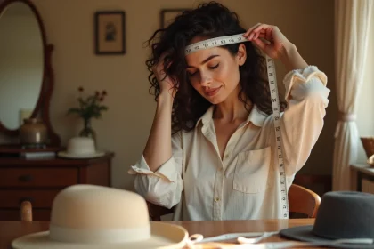 Femme mesurant son tour de tête avec un mètre ruban souple devant un miroir vintage dans une chambre cosy