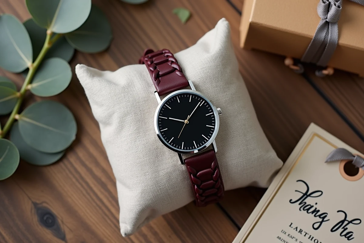 Flat-lay d'une montre double bracelet cuir bordeaux avec emballage cadeau, tag manuscrit et eucalyptus sur tissu en lin naturel