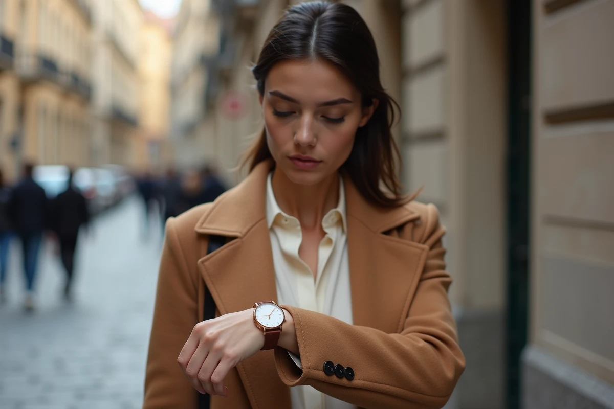Femme élégante en manteau camel portant une montre double bracelet cuir cognac dans une rue pavée européenne en automne