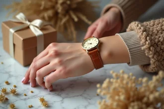 Montre double bracelet cuir caramel sur poignet de femme posé sur marbre blanc avec boîte cadeau, idée cadeau raffinée