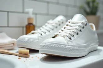 Nettoyage de Converse blanches en cuir sur un lavabo avec une brosse douce et du savon doux