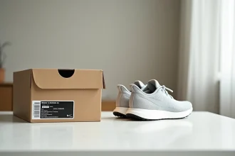 Paire de Nike avec boîte ouverte montrant l'étiquette UPC et le code-barres lisible sur le côté du carton