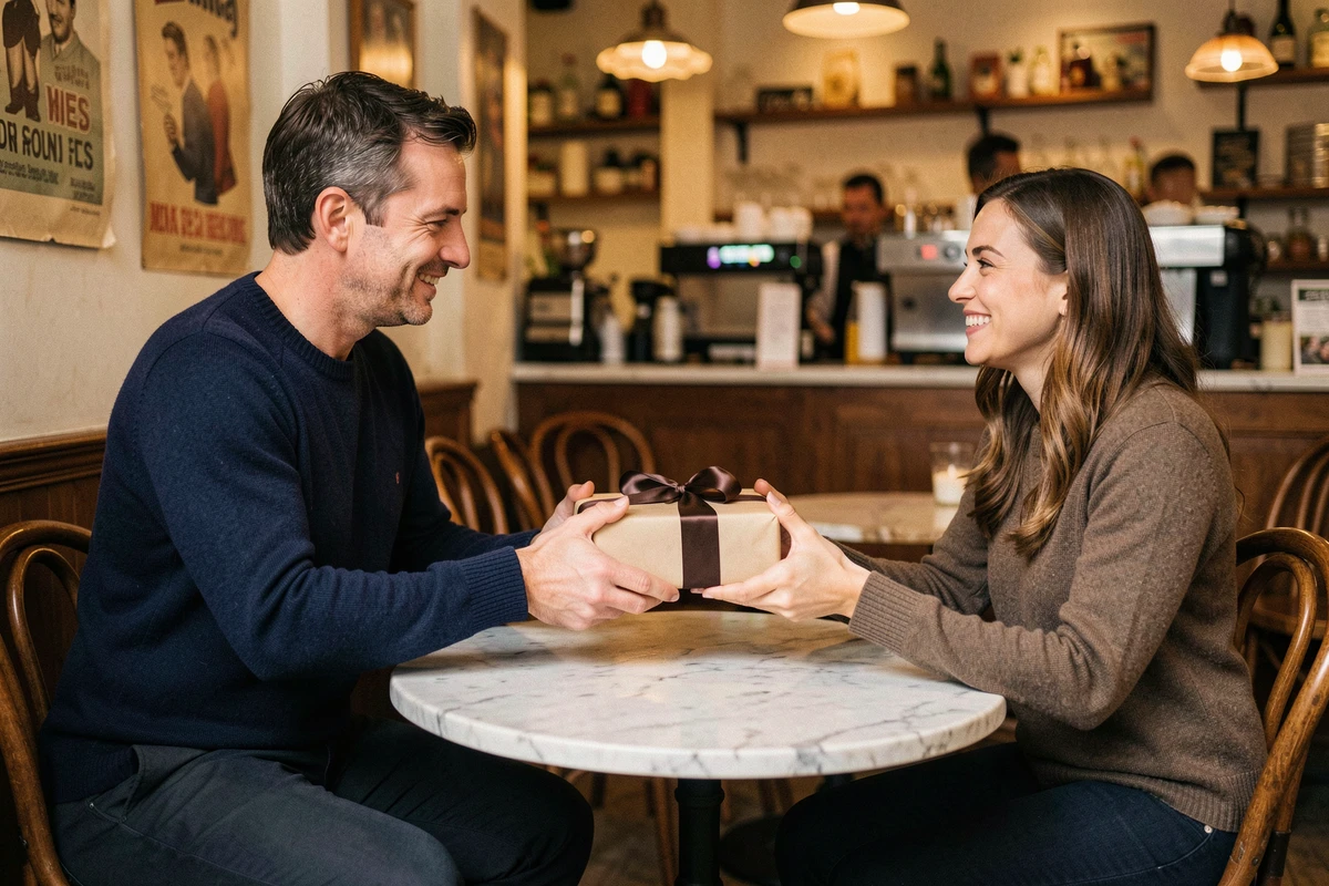 Homme offrant un cadeau à une femme dans un bistrot français, moment de partage authentique