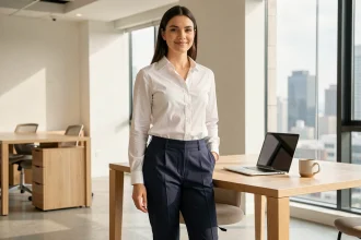 Femme en pantalon Halara marine et chemise blanche dans un bureau moderne au look chic et confortable