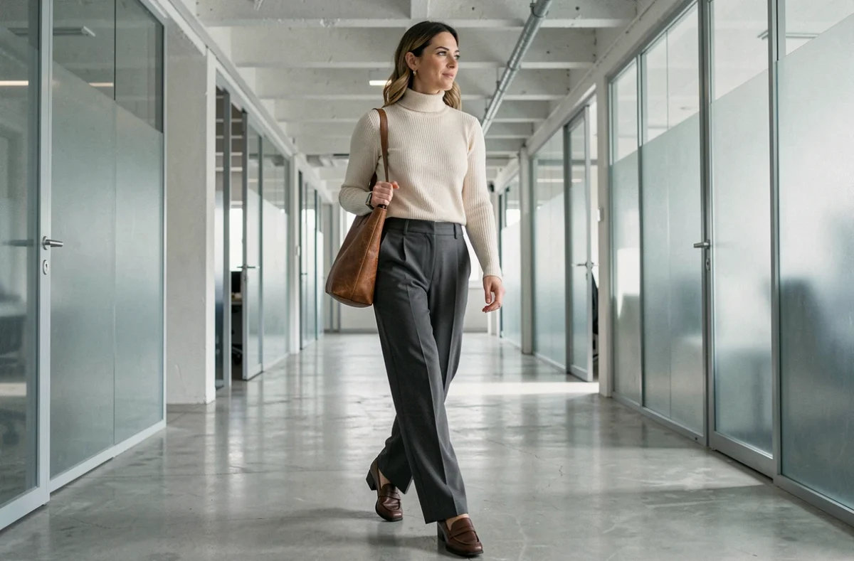 Femme en pantalon Halara large anthracite et col roulé crème marchant dans un couloir de bureau contemporain
