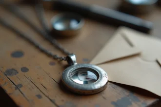 Pendentif photo projection en argent sterling avec lentille en verre dôme posé sur une table d'atelier en bois, vue macro des détails de finition et matériaux