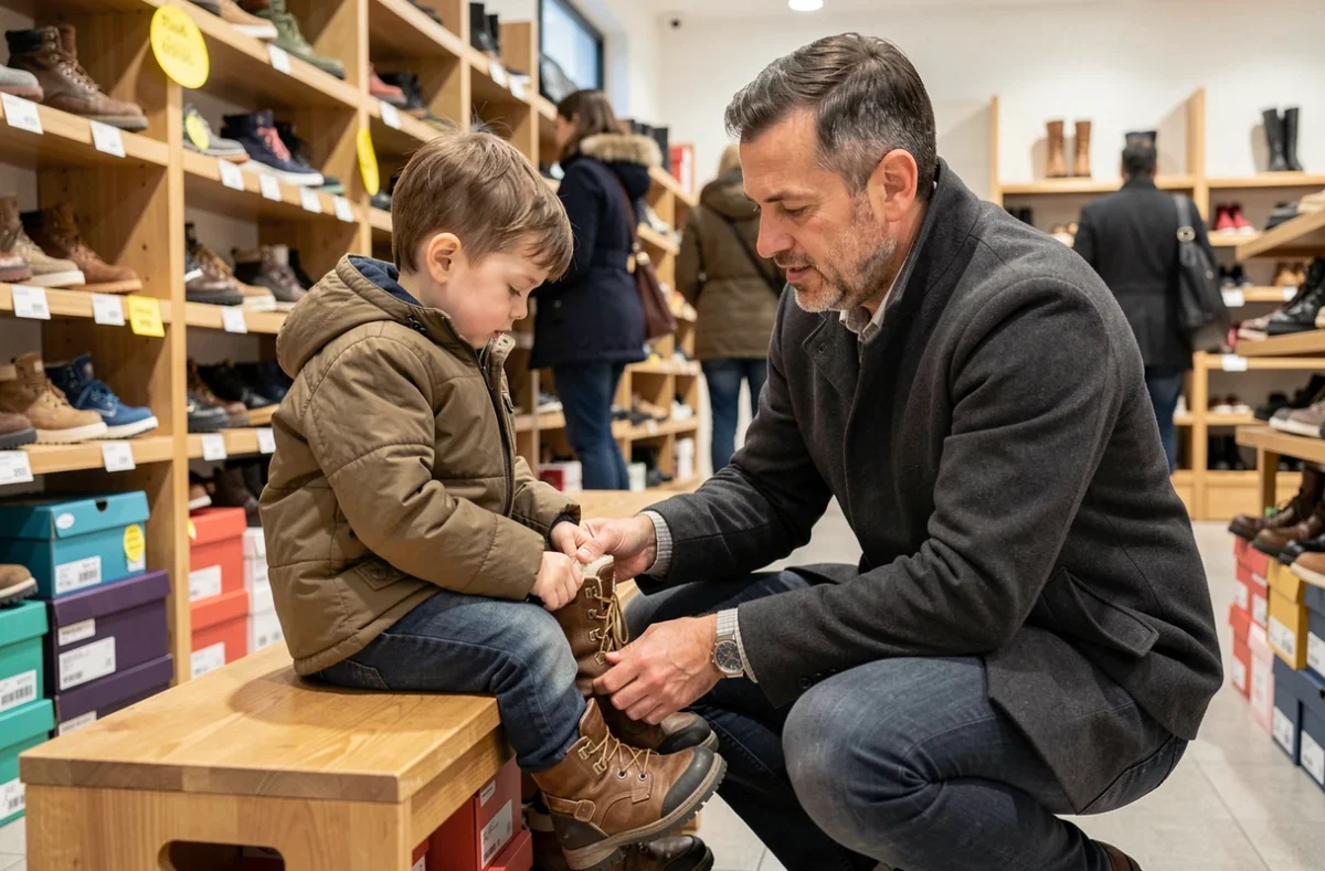 Père aidant son fils à essayer des chaussures d'hiver dans une boutique pendant les soldes en France, scène authentique de shopping en famille