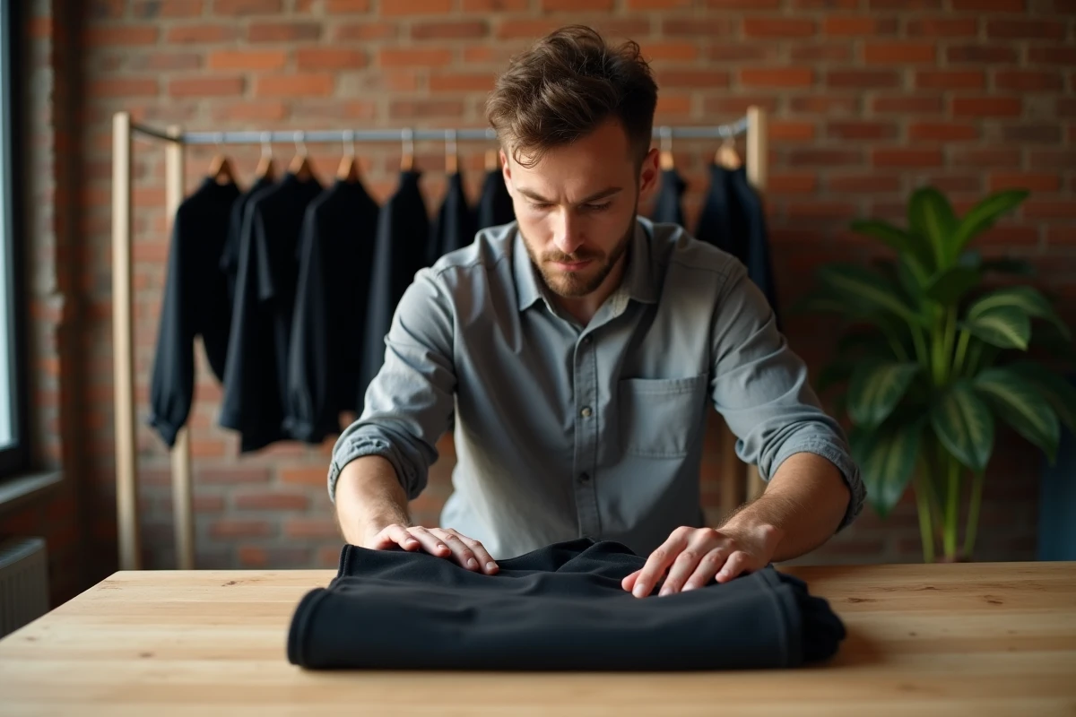 Homme pliant soigneusement un vêtement technique GRAIN d3 Malice séché à plat sur une table en bois, entretien prolongeant la durée de vie du tissu