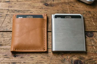 Comparaison côte à côte d'un porte-carte en cuir tan et d'un porte-carte en aluminium brossé posés sur un bureau en chêne