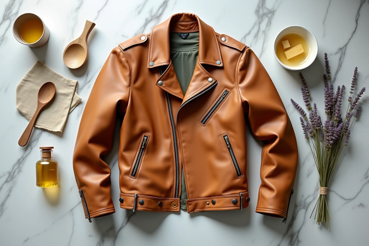 Flat-lay de produits naturels pour l'entretien d'un blouson en cuir : cire d'abeille, huile de jojoba et chiffon en lin sur marbre