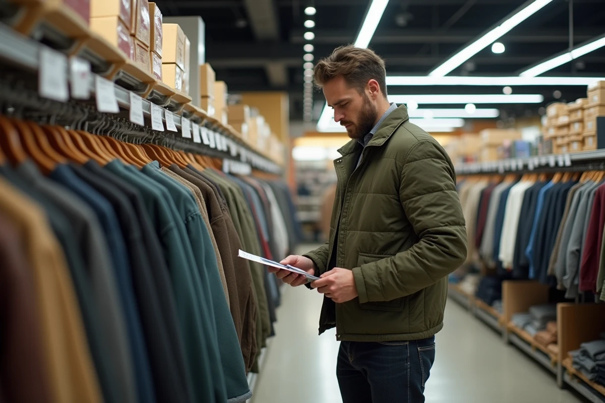 Homme consultant un prospectus du programme de fidélité Armor Lux dans un rayon Intermarché